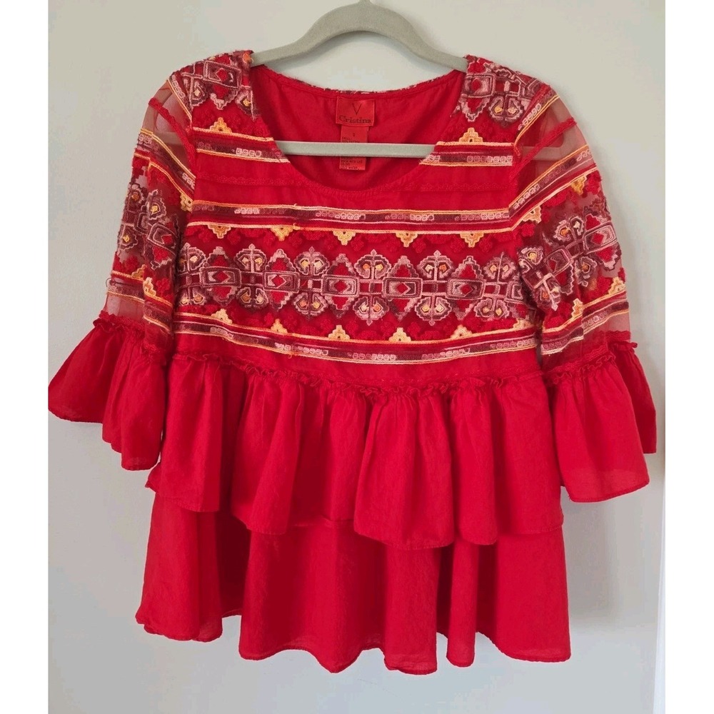 V Cristina Red Ruffle Cotton Boho Sheer Top
